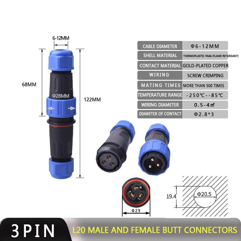 IP68 Waterproof Connector Male Plug &amp; Female Socket 2/3/4 Pin Optional.