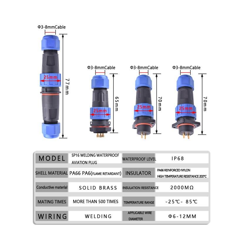 IP68 Waterproof Connector SP16 Male Plug and Female Socket 2/3/4/5/7/9pin Optional.