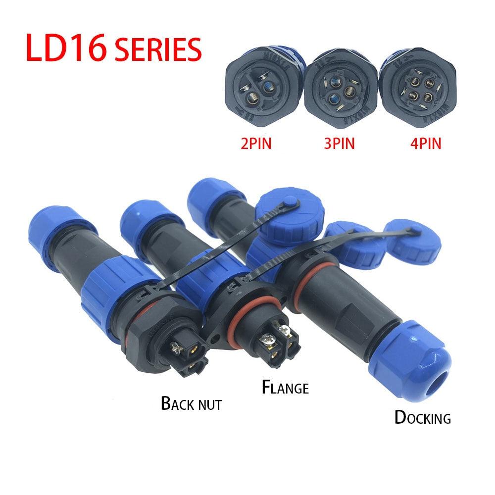 LD16 IP68 Waterproof Connector Socket  Plug Back Nut Docking Flange 2 3 4 Pin Optional.