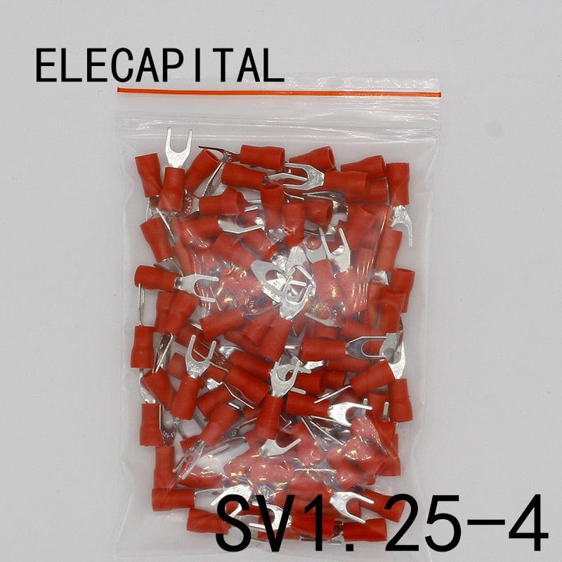 SV1.25-4 Red Furcate Fork Spade 22~16AWG Wire Crimp pressed terminals Cable Wire Connector 100PCS/Pack SV1-4 SV.