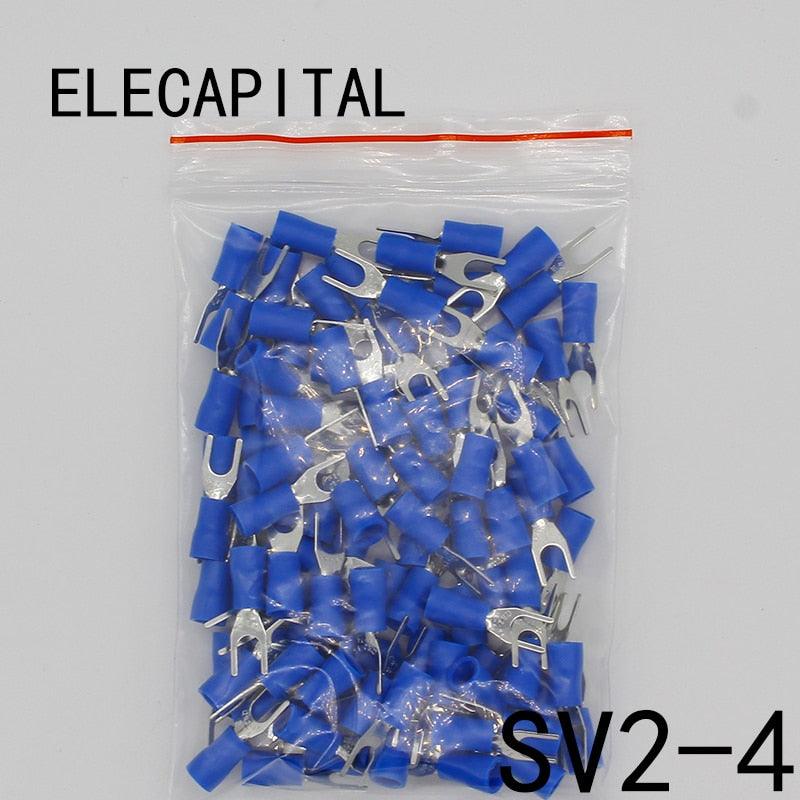 SV2-4 Blue Furcate Cable Wire Connector 100PCS/Pack Furcate Pre-Insulating Fork Spade 16~14AWG Wire Crimp Terminals SV2.5-4 SV.