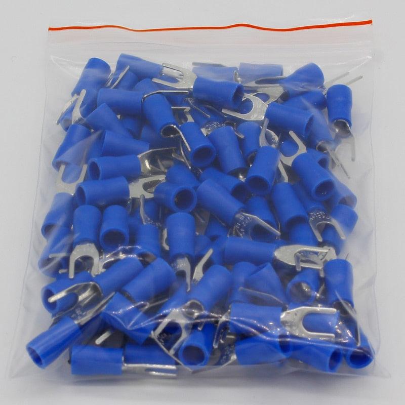 SV2-4 Blue Furcate Cable Wire Connector 100PCS/Pack Furcate Pre-Insulating Fork Spade 16~14AWG Wire Crimp Terminals SV2.5-4 SV.
