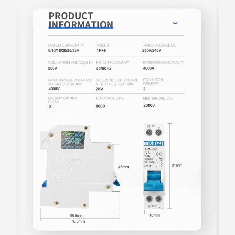 TOMZN- TPN 1P+N Mini Circuit Breaker MCB| 6A up to 32A.